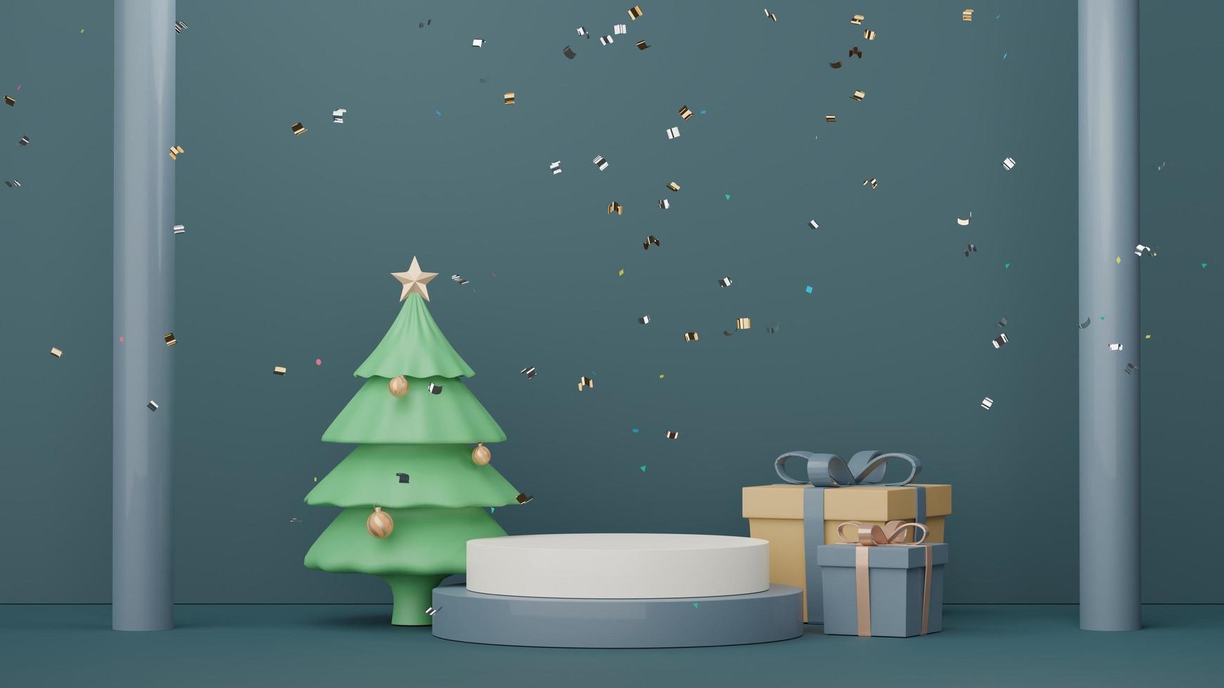3d Display Podium for product and cosmetic presentation with Merry Christmas and Happy new year concept. Modern geometric. Platform for mock up and showing brand. Minimal clean design. photo