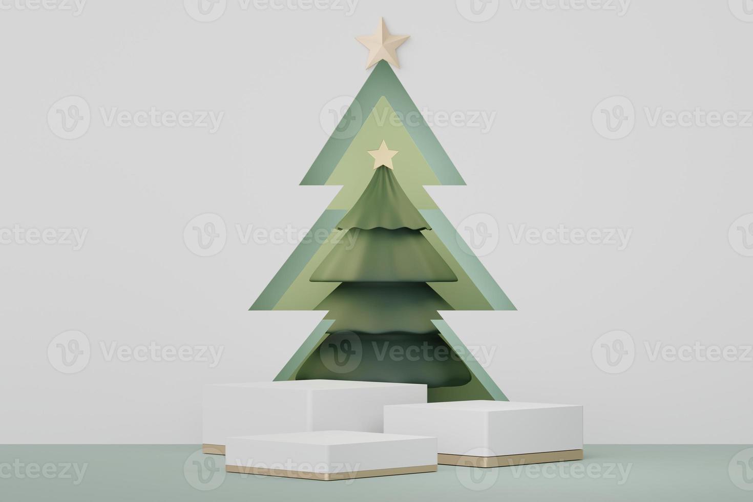 3d Display Podium for product and cosmetic presentation with Merry Christmas and Happy new year concept. Modern geometric. Platform for mock up and showing brand. Minimal clean design. photo