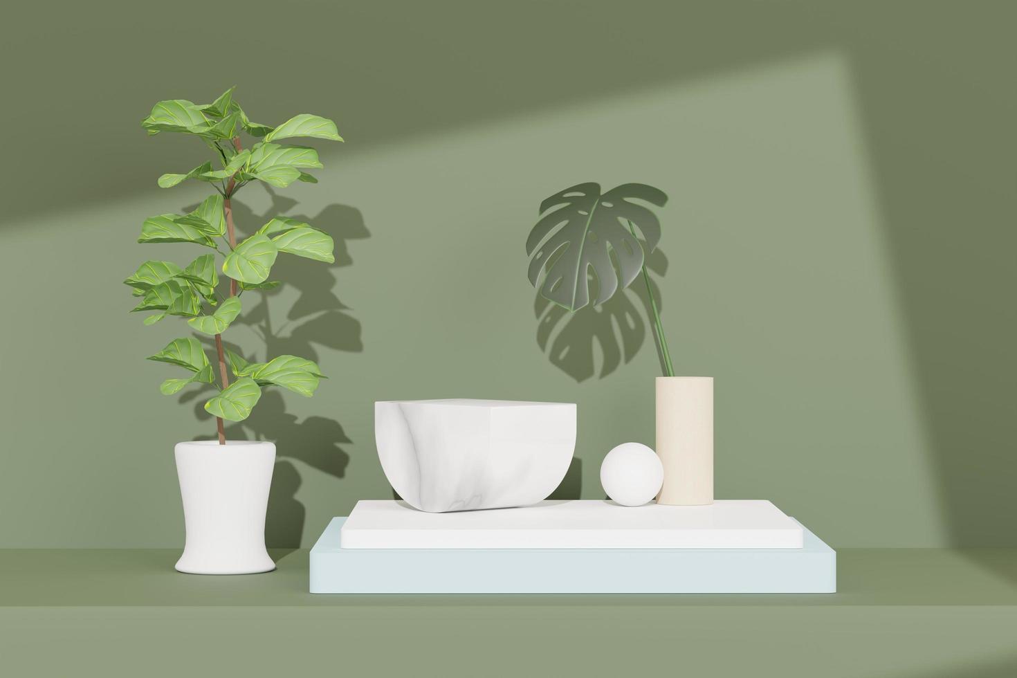 3d render of abstract pedestal podium display with Tropical Monstera leaves. Product and promotion concept for advertising. Green natural background. photo