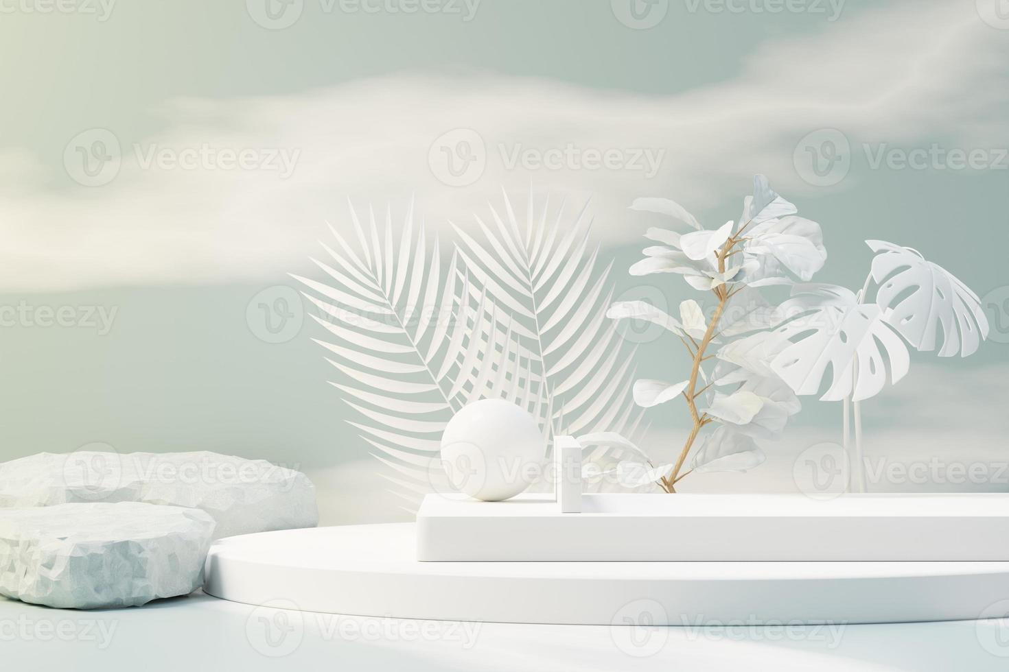 3d render of abstract pedestal podium display with Tropical leaves and Blue sky clouds pastel and plant scene. Product and promotion concept for advertising. Blue pastel natural background. photo
