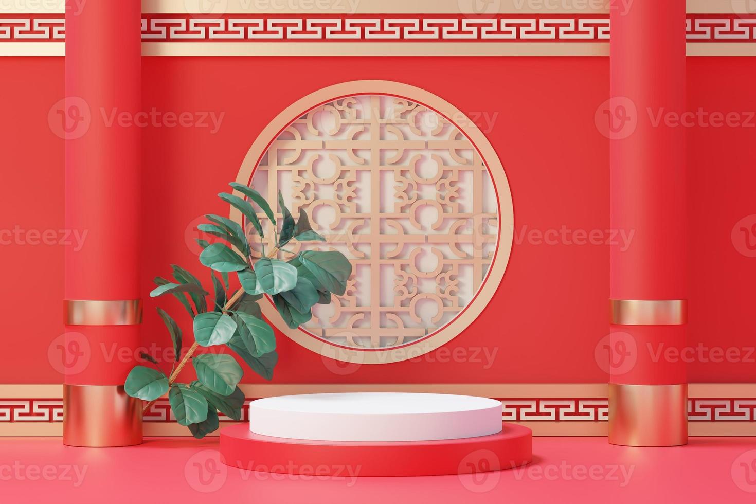 3d rendering of minimal scene of blank podium with Chinese lunar new year theme. Display stand for product presentation mock up. Chinese traditional texture. photo