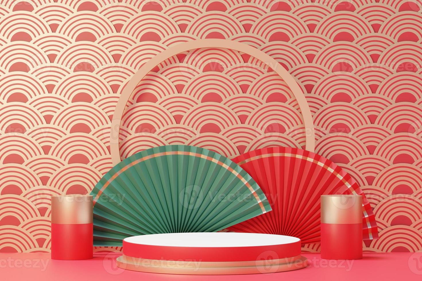 3d rendering of minimal scene of blank podium with Chinese lunar new year theme. Display stand for product presentation mock up. Chinese traditional texture. photo