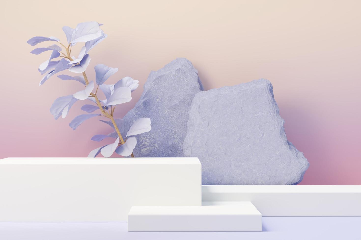 3d render of Beauty podium with Very Peri color of the year 2022 design for product presentation and advertising. Minimal pastel sky and Dreamy land scene. Romance concept. photo