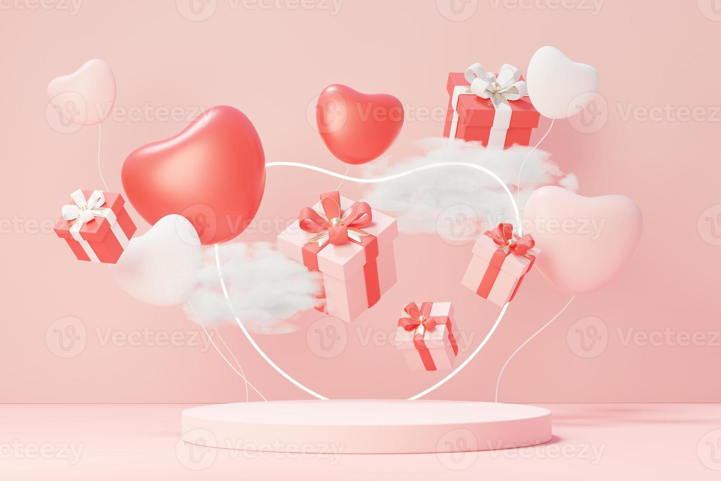 3d render minimal sweet scene with display podium for mock up and product brand presentation. Pink Pedestal stand for Valentine's Day's theme. Cute lovely heart background. Love day's design style. photo