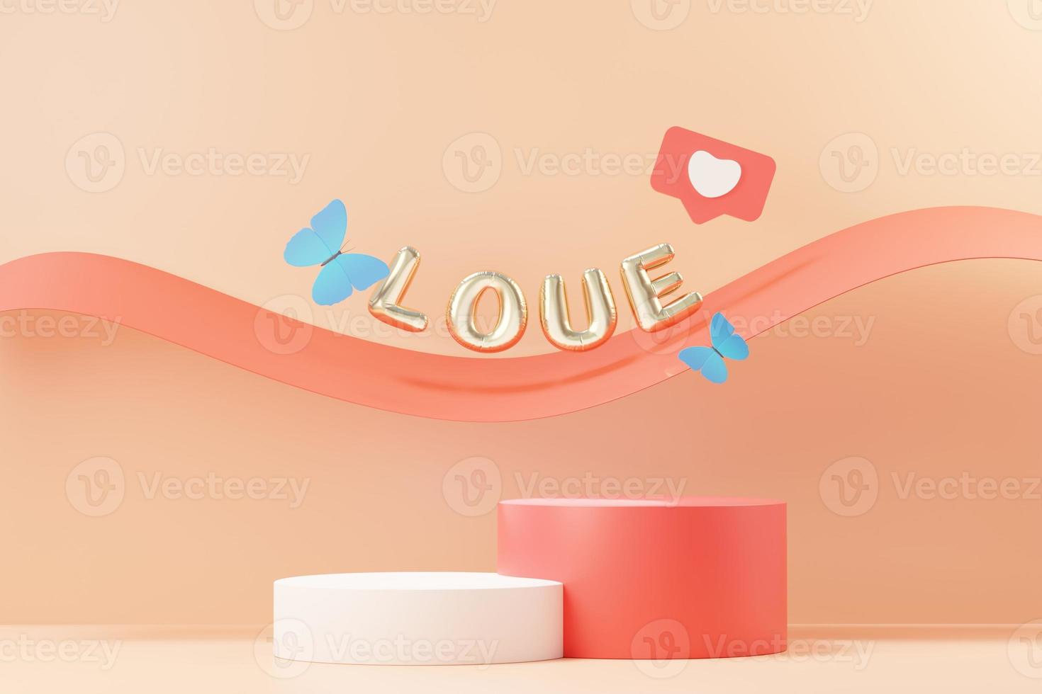 3d render minimal sweet scene with display podium for mock up and product brand presentation. Pink Pedestal stand for Valentine's Day's theme. Cute lovely heart background. Love day's design style. photo