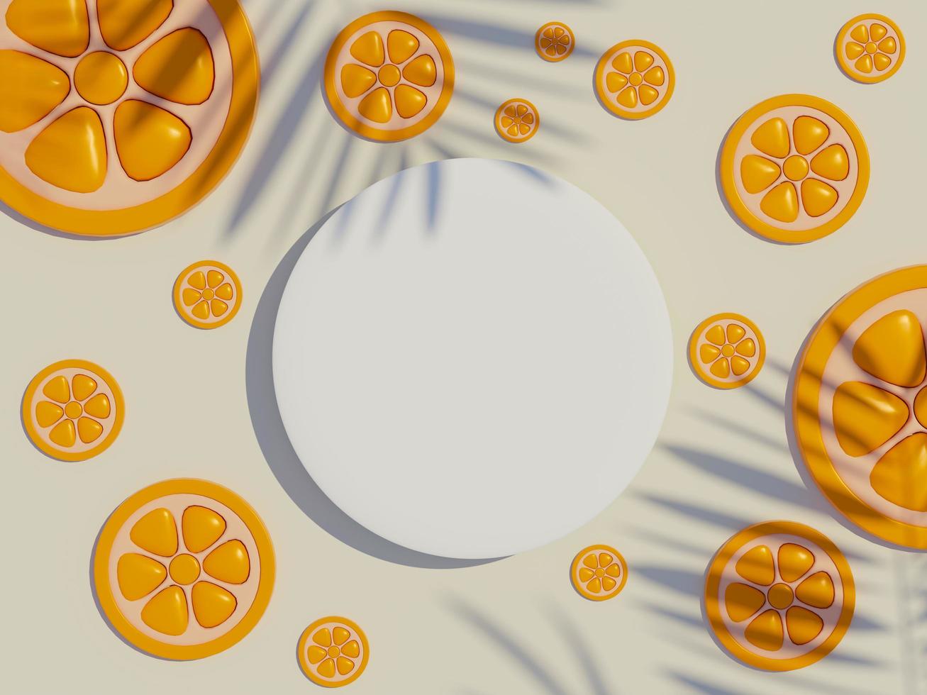 3d render top view of white blank cylinder frame for mock up and display products with shadows of palm leaves with summer background. photo