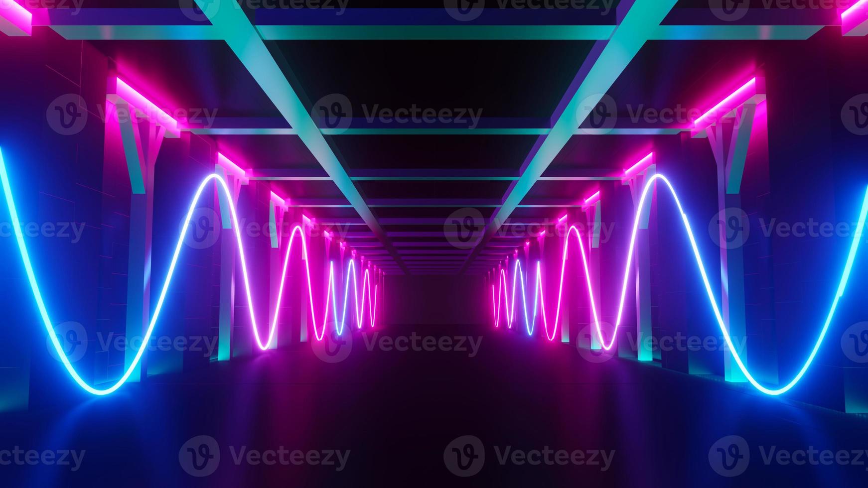 3d render of flash neon and light glowing on dark scene. Speed light moving lines. photo