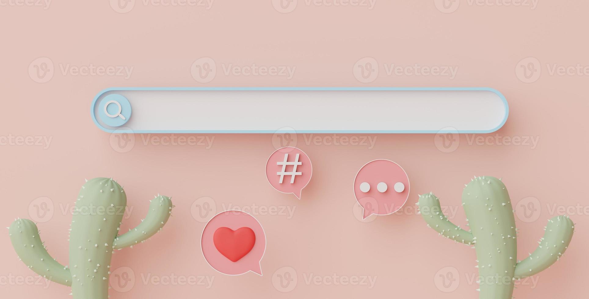 3d render of minimal searching menu bar or blank banner magnifying with copy space on pastel earth tone background. Scene for mock up and presentation decorate with cute cactus and comment sign. photo