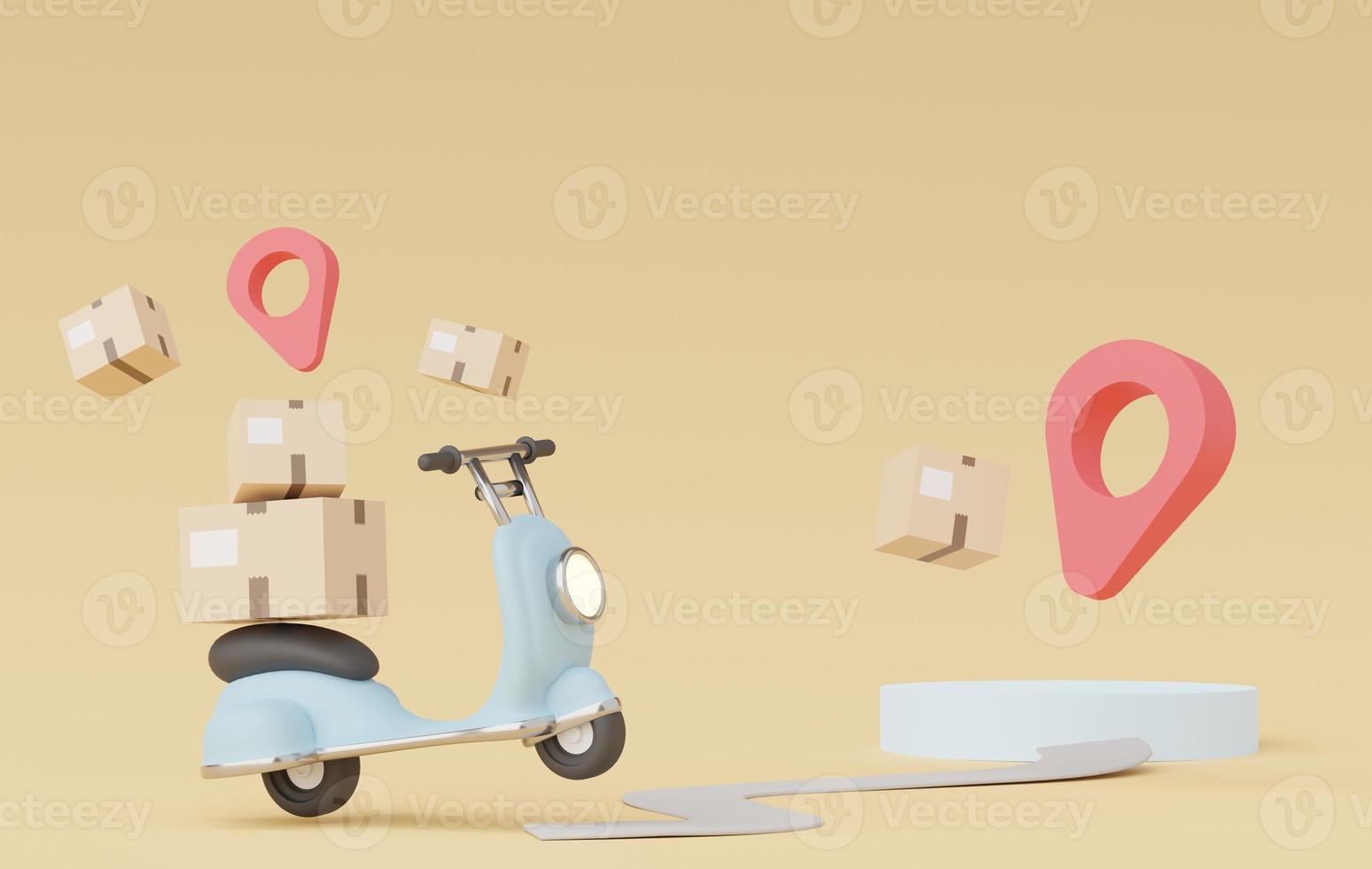 3d render of minimal cartoon of parcel delivery scooter or motorbike. Online shopping and fast delivery concept. Express logistic services. photo