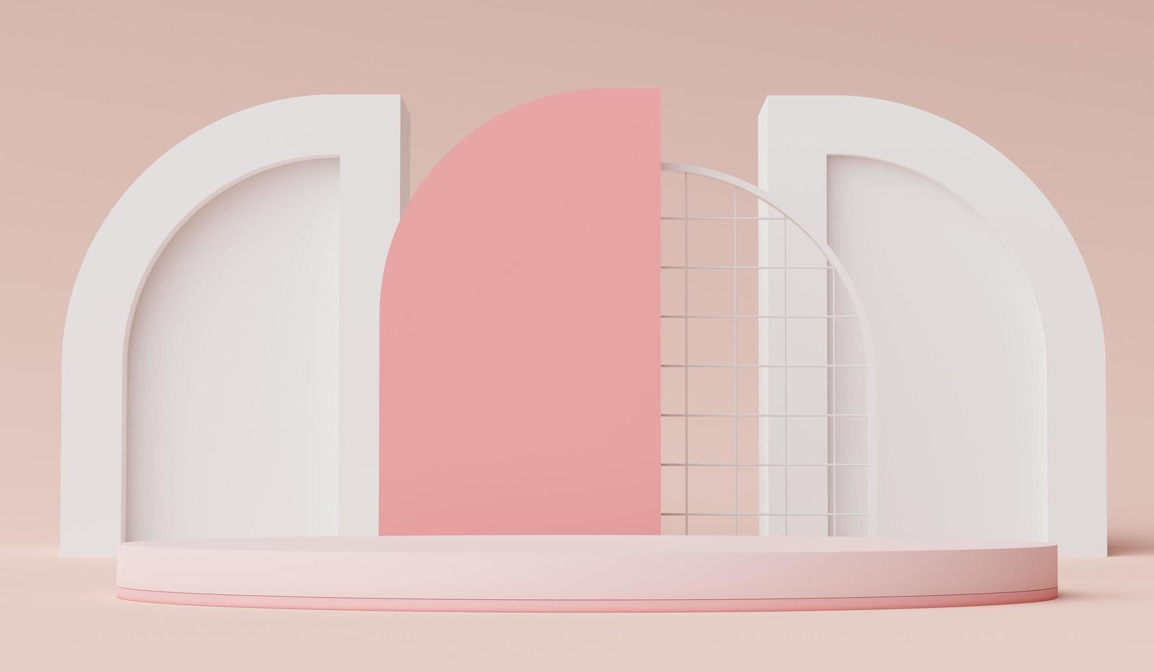3d render of Abstract minimal  display podium for showing products, cosmetic presentation and mock up. Showcase scene with pastel earth tone background. Illuminated simple geometric shapes. photo
