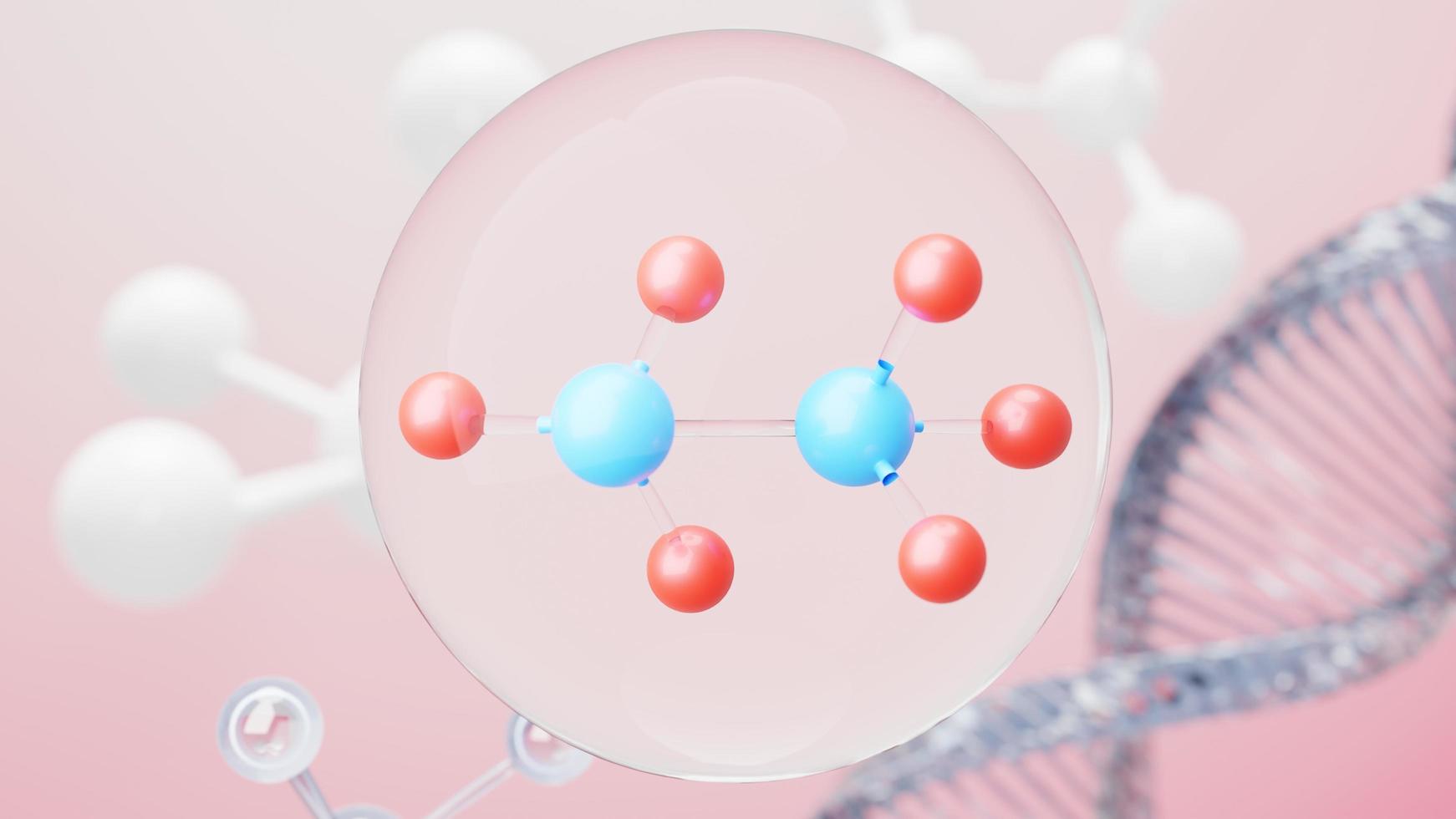 3d render of simple chemical bond in side cell or molecules. The associated of atoms, ions, bond and molecules. Liquid drop bubble background. Covalent bond. Biochemical interaction. photo