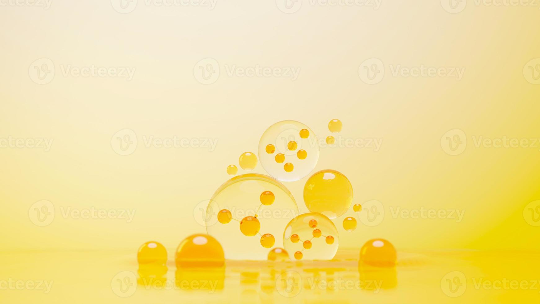 3d render of simple chemical bond in side cell or molecules. The associated of atoms, ions, bond and molecules. Liquid drop bubble background. Covalent bond. Biochemical interaction. photo