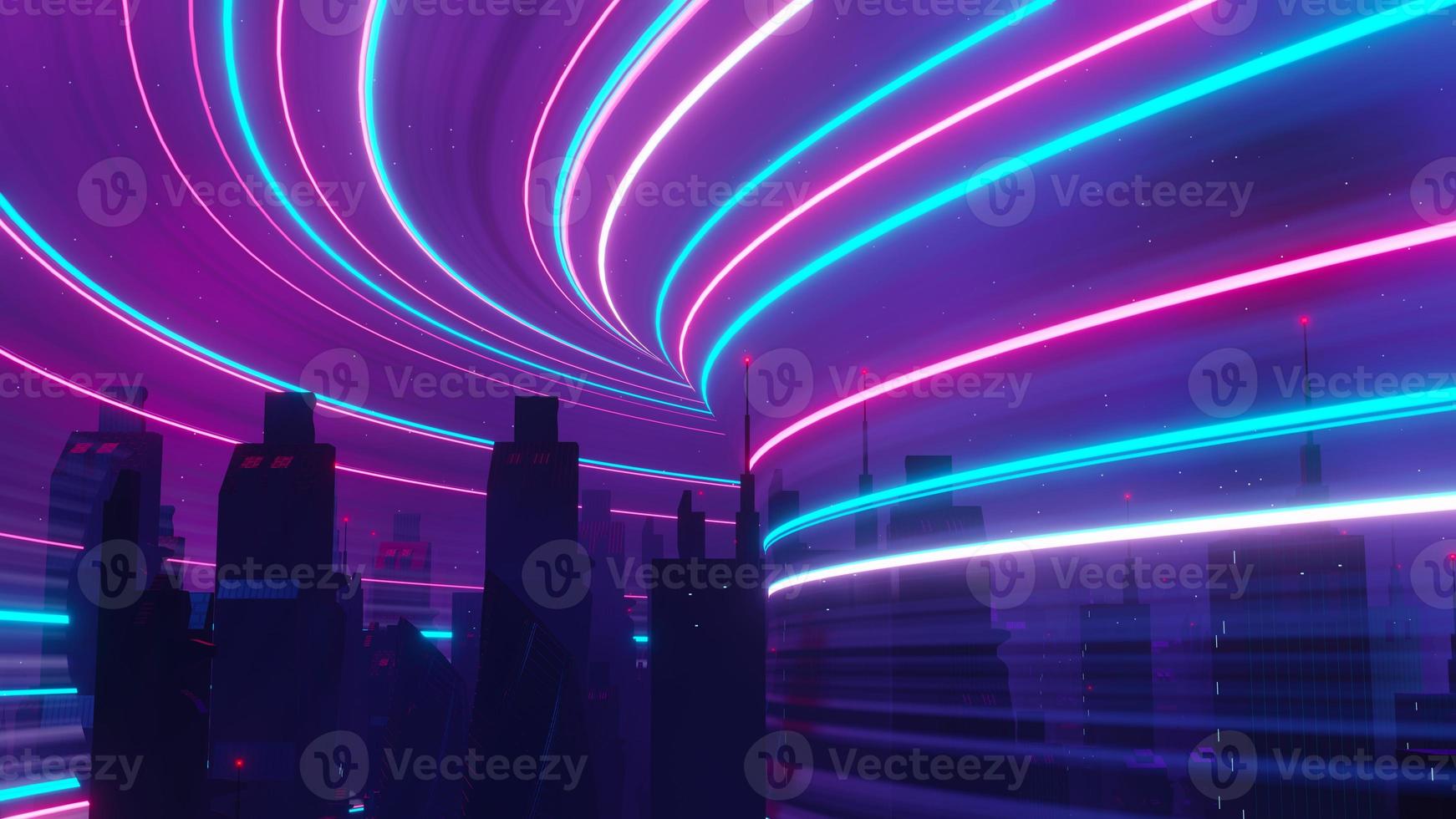 3d render of Cyber punk night city landscape concept. Light glowing on dark scene.  Night life. Technology network for 5g. Beyond generation and futuristic of Sci-Fi Capital city and building scene. photo