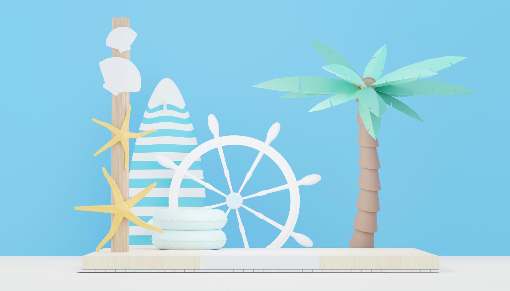 3d render minimal podium background for show and sales products. Hello Summer season scene design concept. Abstract Vacant pedestal for presentation and advertising. Beach Vacations in Summer. photo