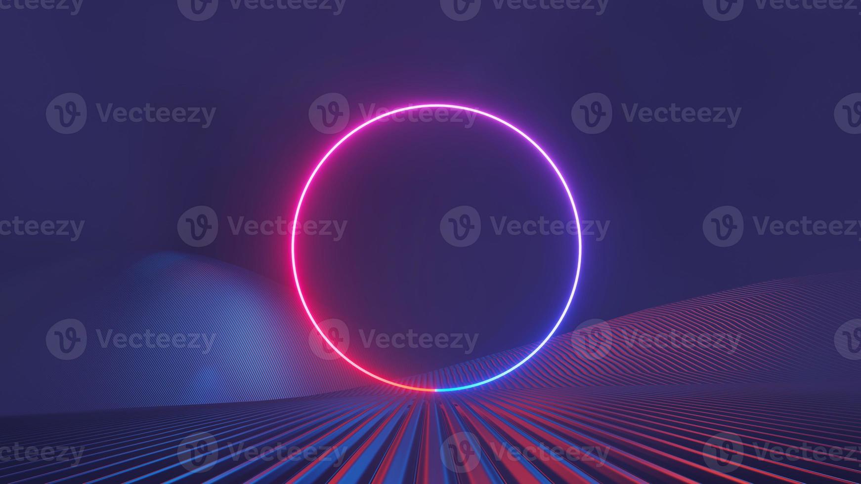 3d render of flash neon and light glowing on dark scene. Speed light moving lines. photo