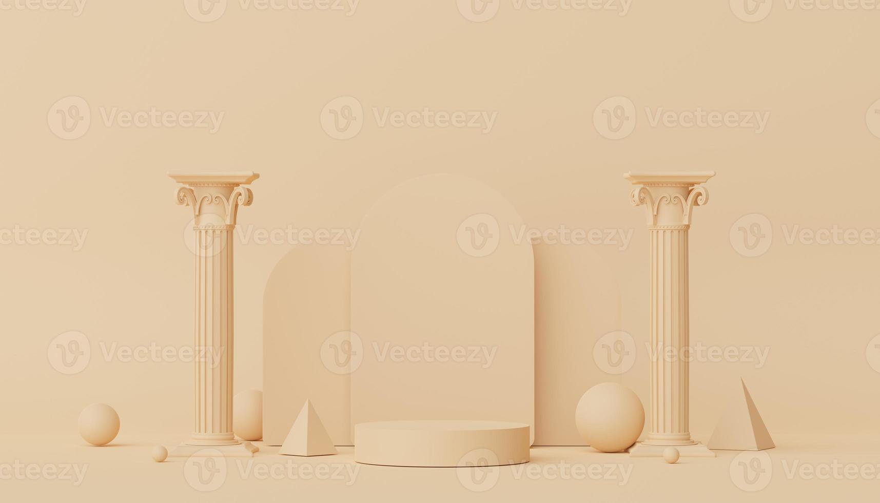 3d render of Abstract minimal  display podium with Greek Ancient baroque pillar background. Pedestal design for mock up and product presentation. Clean pastel color scene. photo