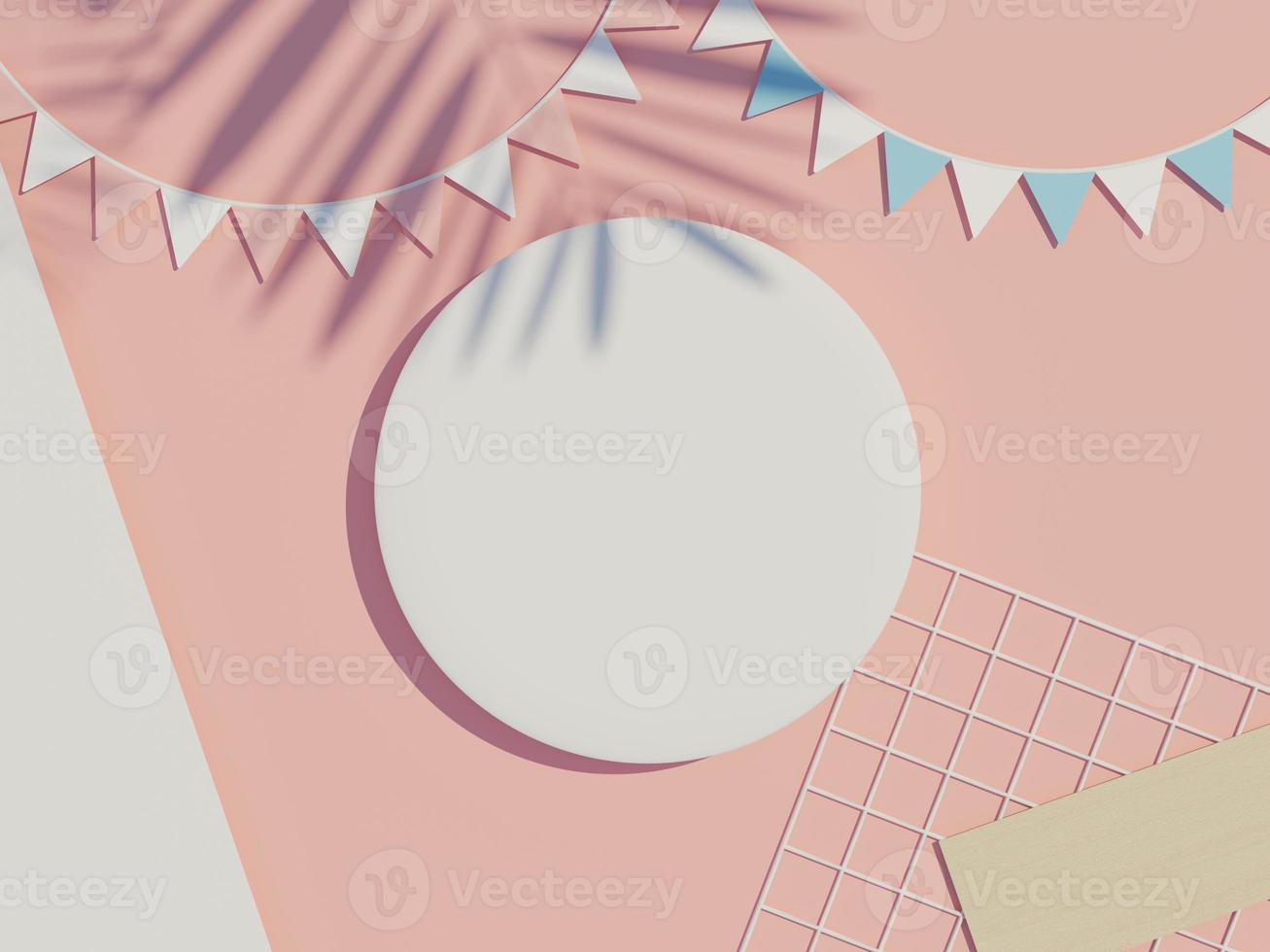 3d render top view of white blank cylinder frame for mock up and display products with shadows of palm leaves and earth tone background. photo
