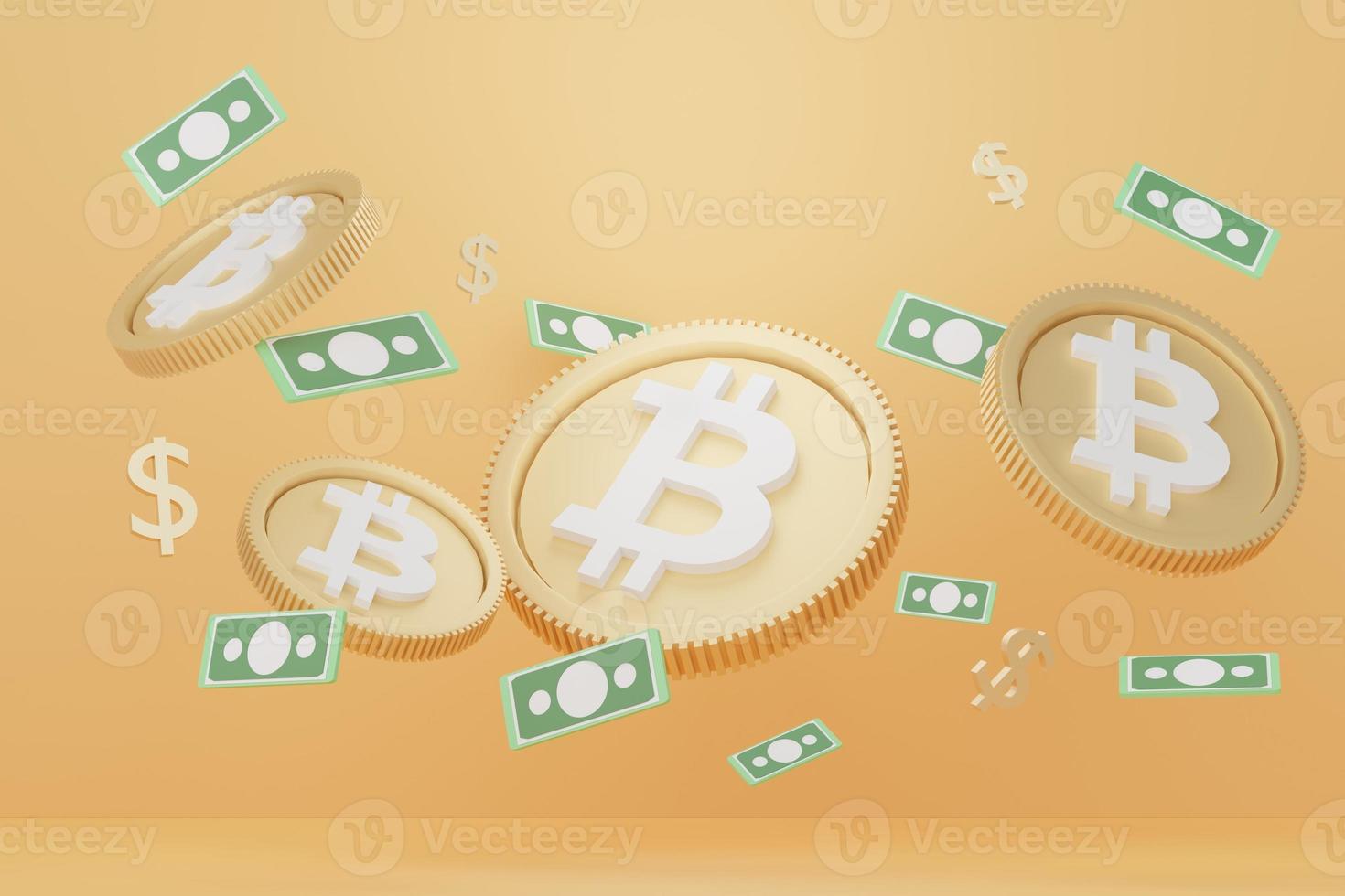 3d render of stack of bitcoins and gold in saving money for goal Concept. Minimal pastel scene. Growth financial model. Defi crypto concept. Investment management and financial innovations. photo