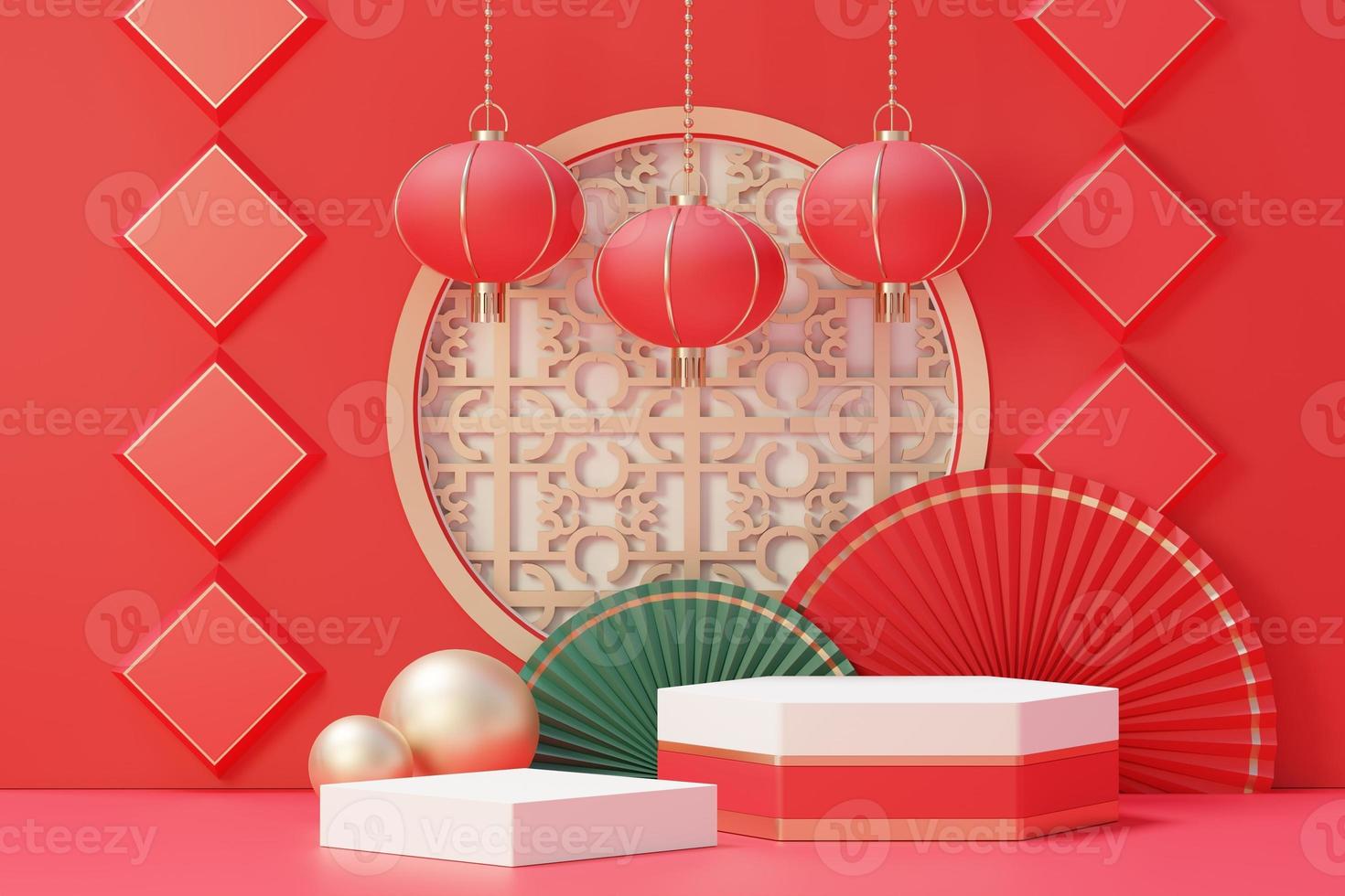 3d rendering of minimal scene of blank podium with Chinese lunar new year theme. Display stand for product presentation mock up. Chinese traditional texture. photo