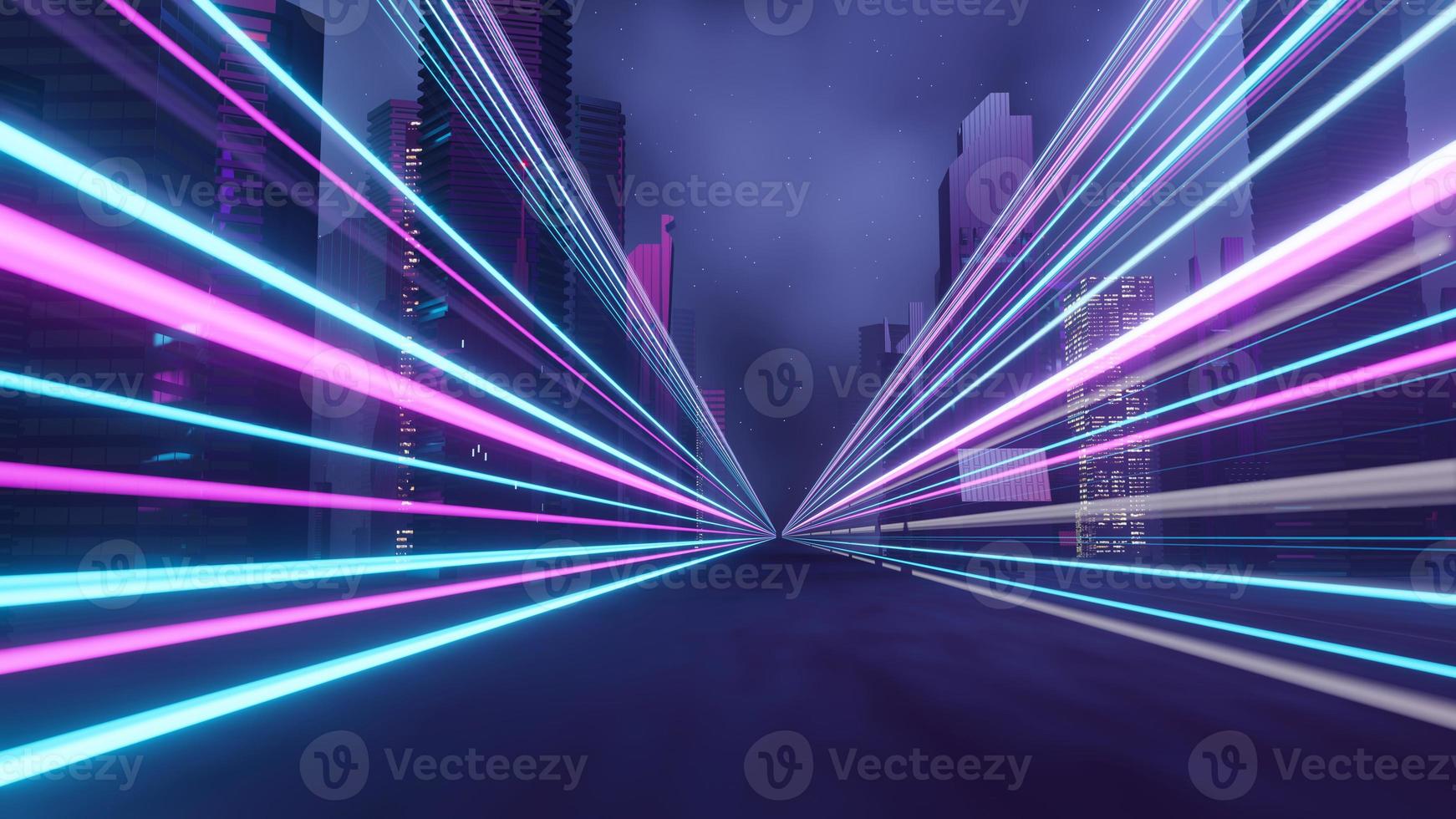 3d render of Cyber punk night city landscape concept. Light glowing on dark scene.  Night life. Technology network for 5g. Beyond generation and futuristic of Sci-Fi Capital city and building scene. photo