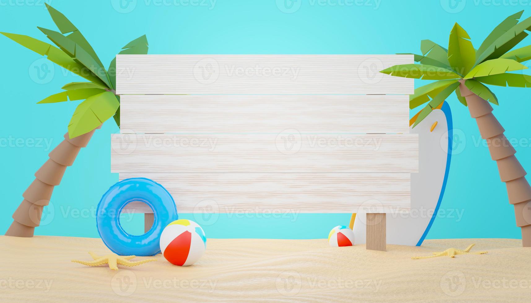 3d render Summer sale podium stand for showing product. Beach Vacations Scene in Summer for mock up. photo