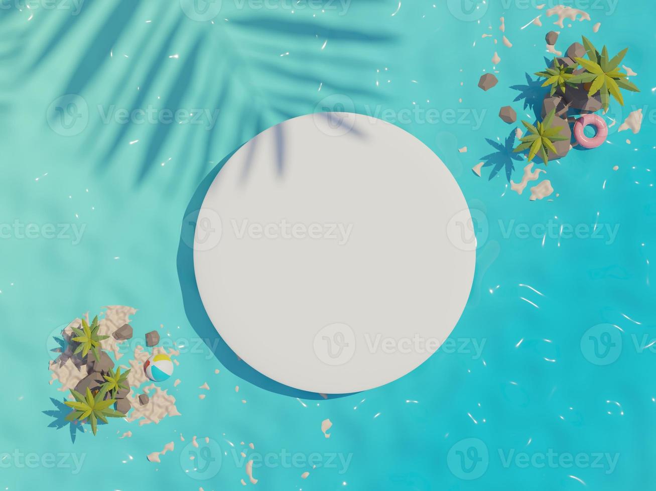 3d render top view of white blank cylinder frame for mock up and display products with summer beach scene and shadow of palm leaves. Summer time season background. photo