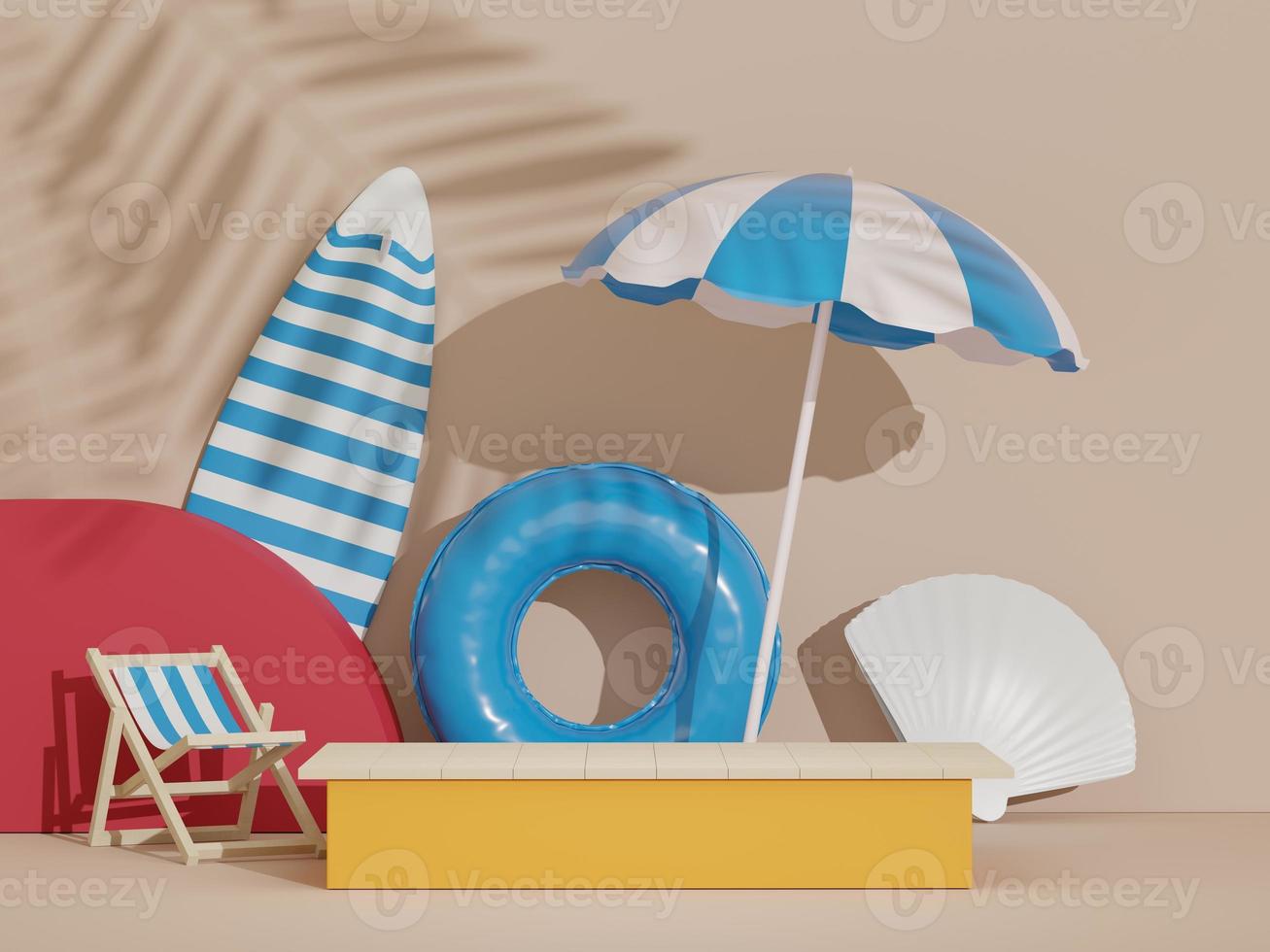 3d podium stand for product presentation with summer concept. Pedestal platform for cosmetic advertising. photo