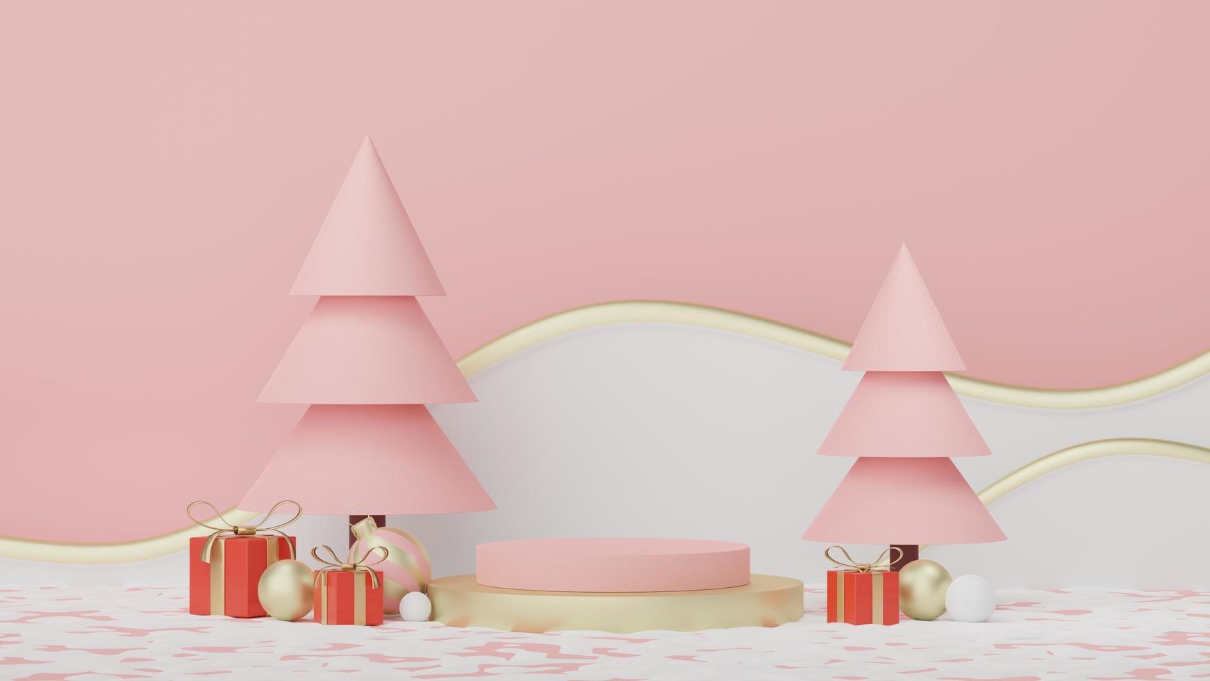 3d Display Podium for product and cosmetic presentation with Merry Christmas and Happy new year concept. Modern geometric. Platform for mock up and showing brand. Minimal clean design. photo