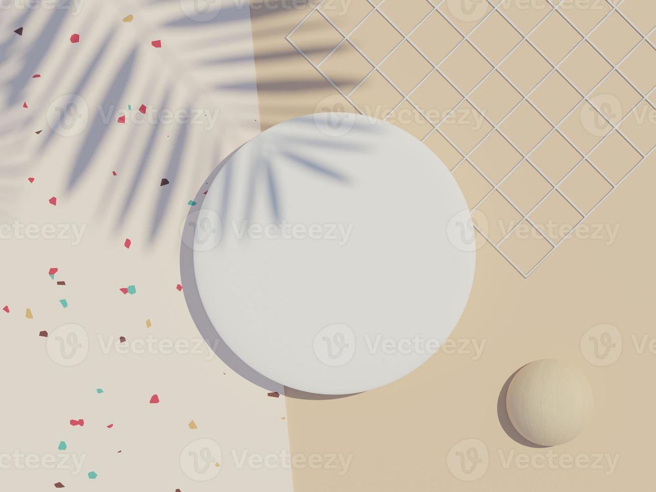 3d render top view of white blank cylinder frame for mock up and display products with shadows of palm leaves, earth tone, and terrazzo wall background. Creative idea concept. photo