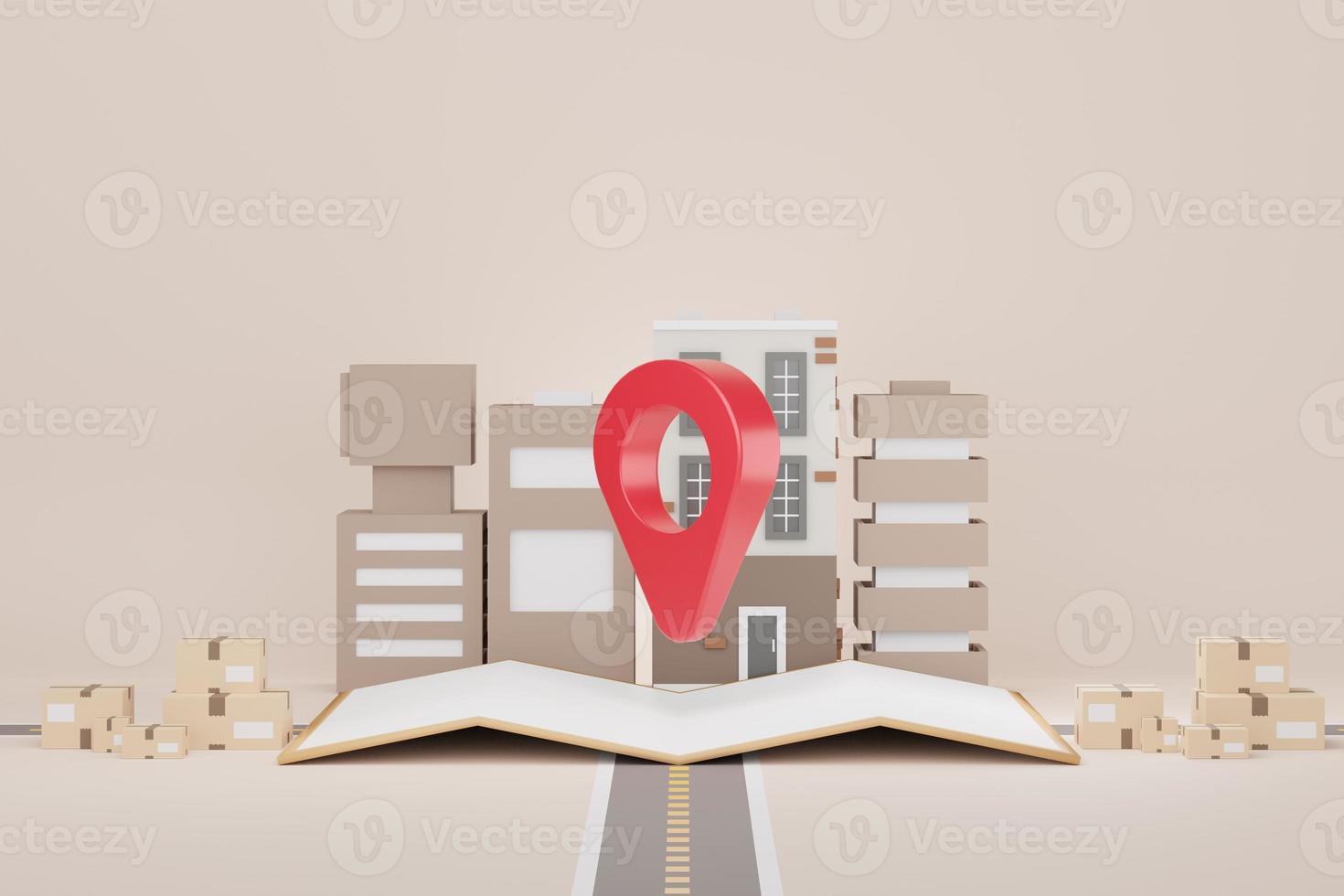 3d render of GPS locate mark icon and map surround with cardboard parcel box and road. Navigation concept. photo