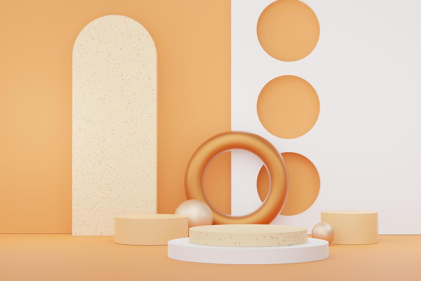 3d render of abstract pedestal podium display with terrazzo chips floor design. Scene for present product promotion and beauty cosmetics. photo