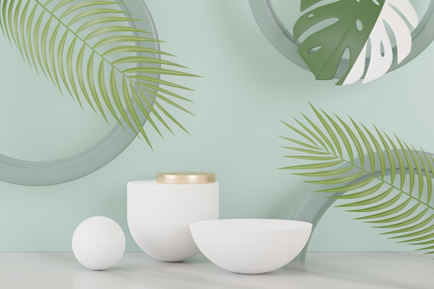 3d render of abstract pedestal podium display with Tropical Monstera leaves. Product and promotion concept for advertising. Green natural background. photo