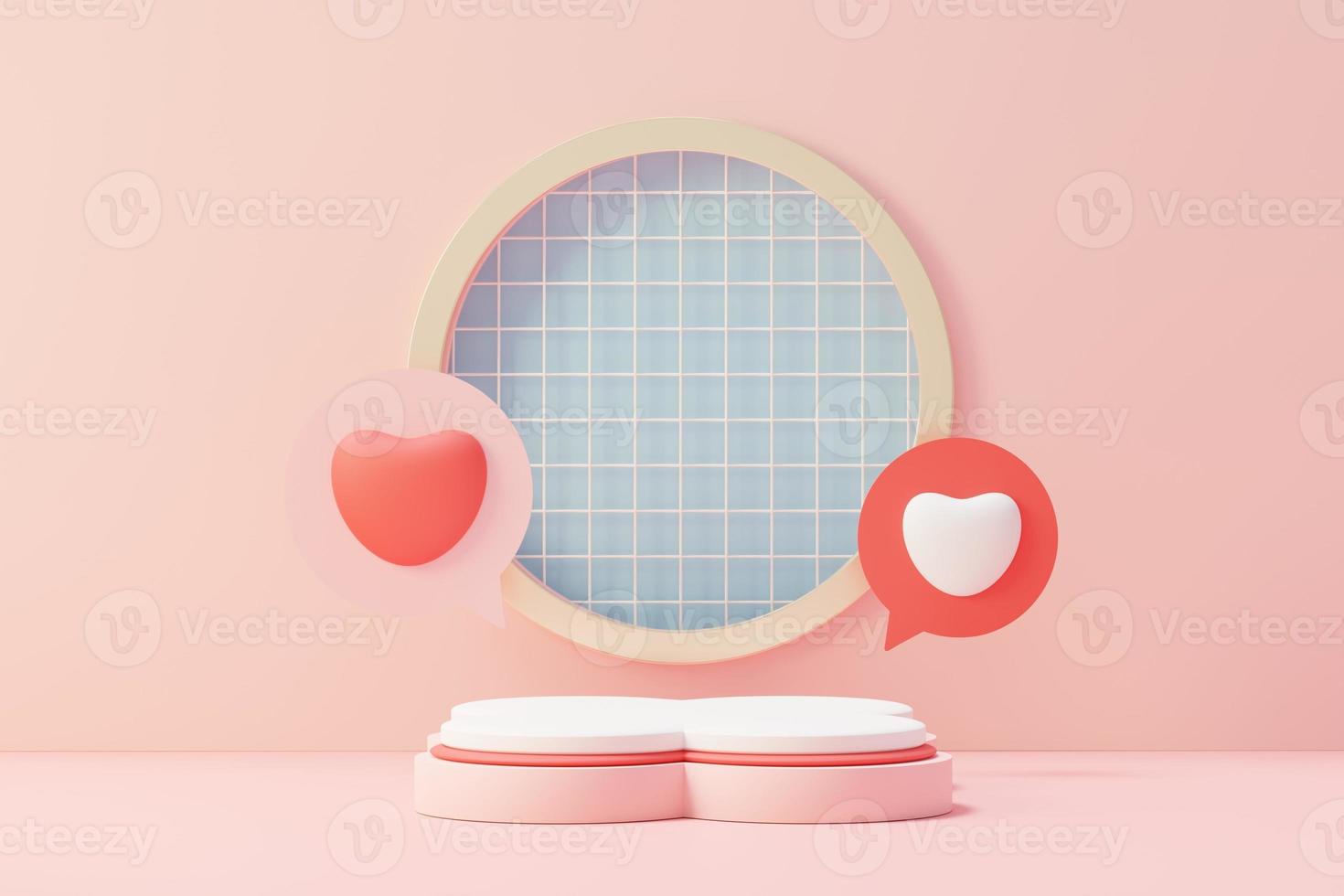 3d render minimal sweet scene with display podium for mock up and product brand presentation. Pink Pedestal stand for Valentine's Day's theme. Cute lovely heart background. Love day's design style. photo