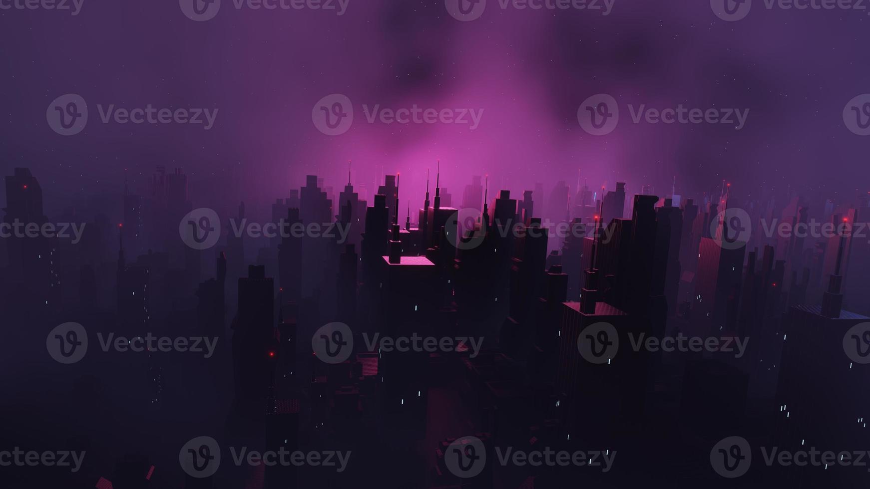 3d render of Cyber punk night city landscape concept. Light glowing on dark scene.  Night life. Technology network for 5g. Beyond generation and futuristic of Sci-Fi Capital city and building scene. photo