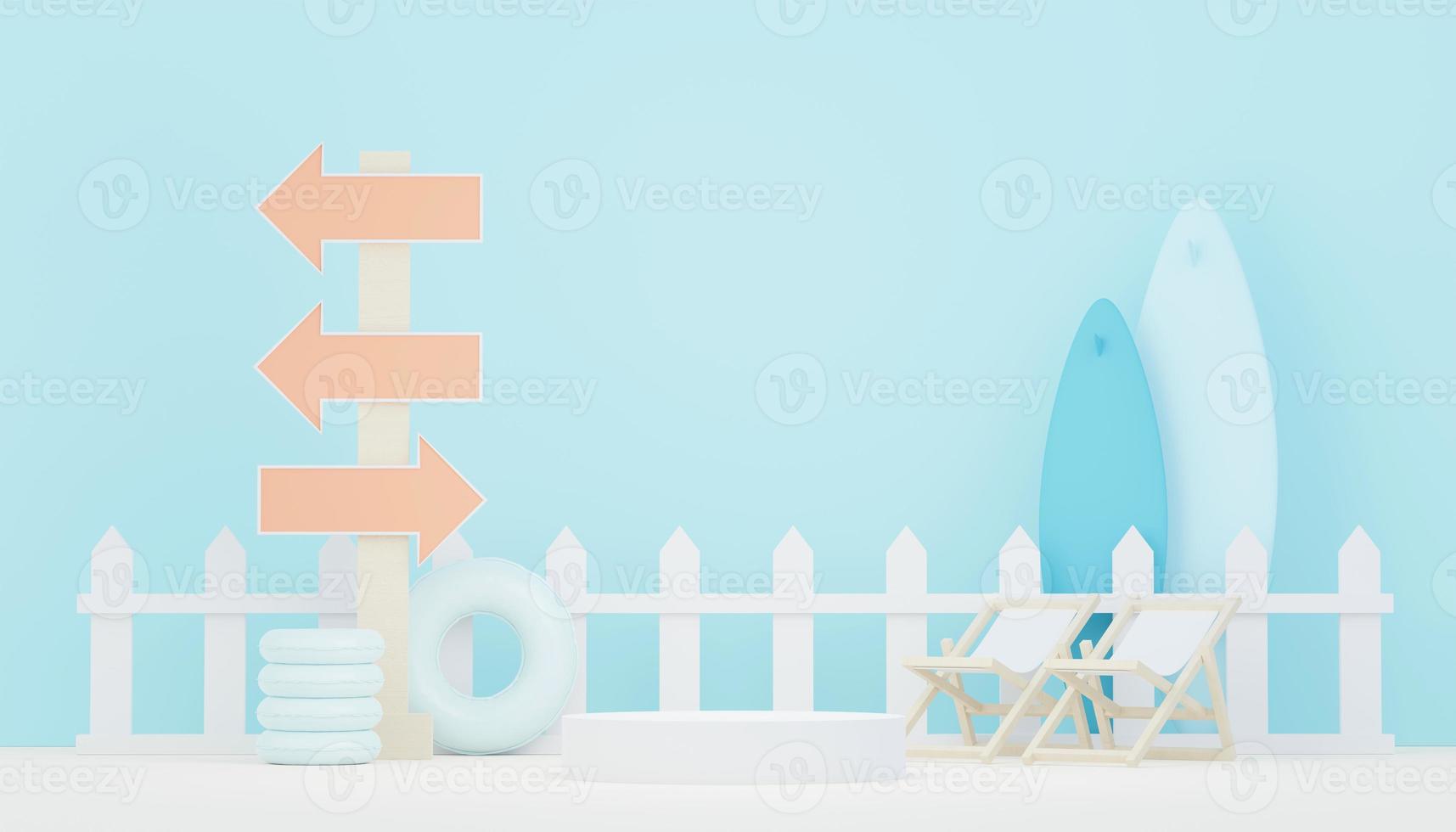 3d render minimal podium background for show and sales products. Hello Summer season scene design concept. Abstract Vacant pedestal for presentation and advertising. Beach Vacations in Summer. photo