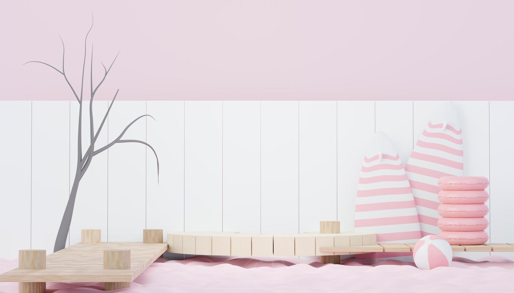 3d render minimal podium background for show and sales products. Hello Summer season scene design concept. Abstract Vacant pedestal for presentation and advertising. Beach Vacations in Summer. photo