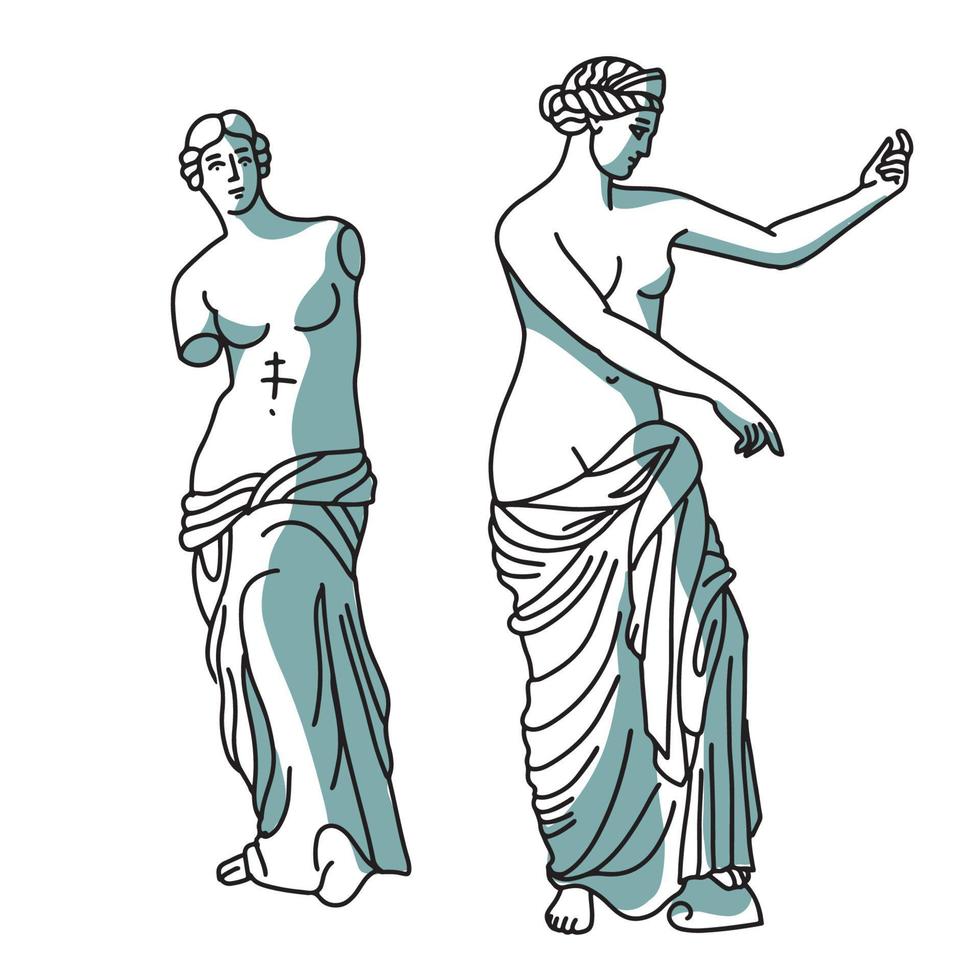 Set of two Ancient Greek female sculptures, statue of godess. Vector linear illustration with shadows isolated on white background. Trendy style with shading and color