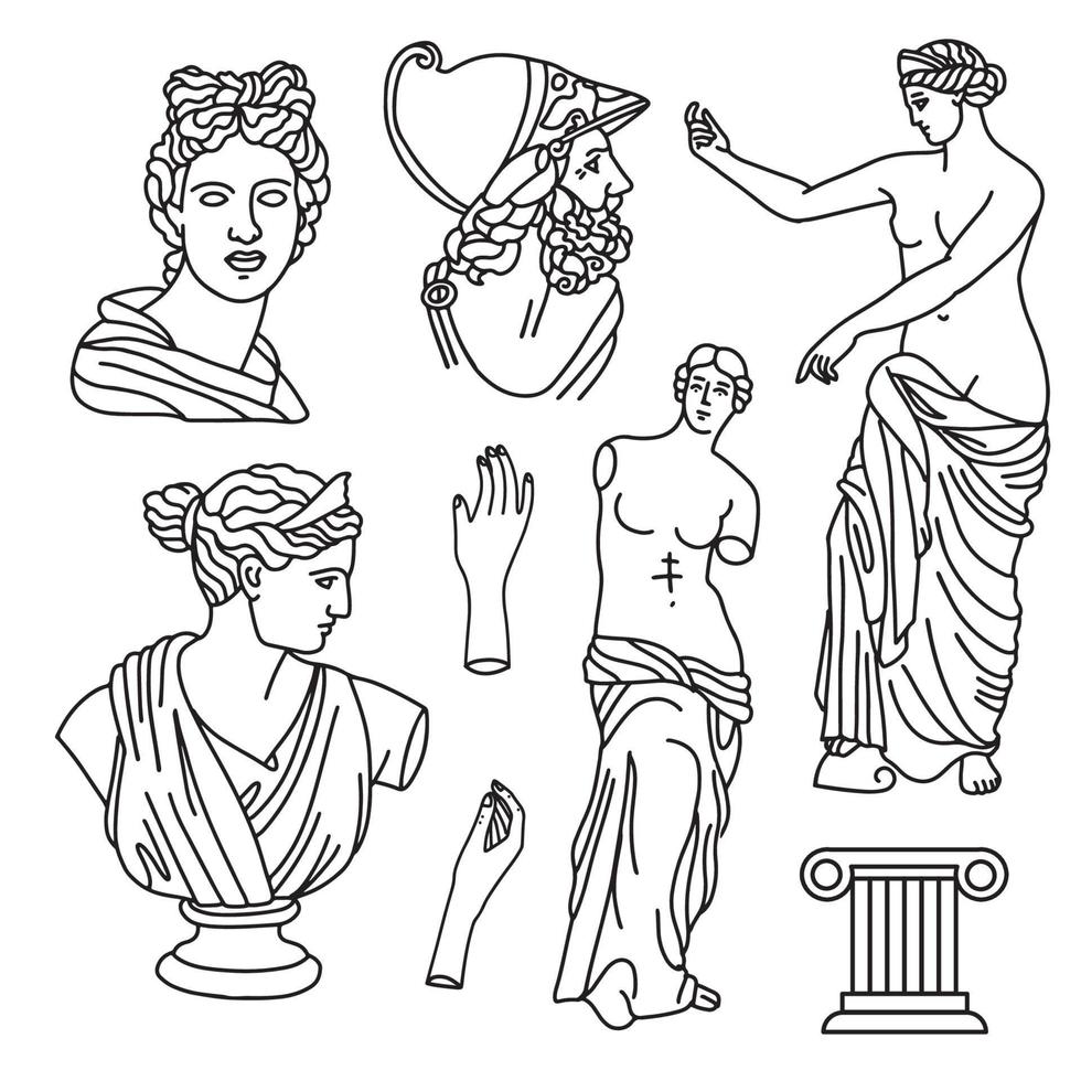 Greek marble statues aesthetic set. Beautiful sculptures of human body and architectural elements. Ancient greek gods and mythology, ancient greece graphic design elements. Vector illustration