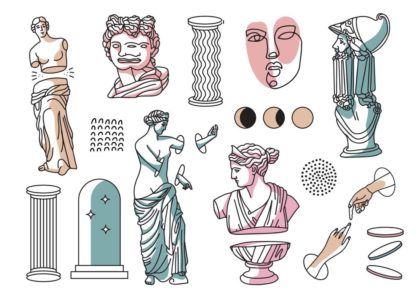 Greek ancient sculpture and surreal trippy set. Psychedelic outline modern statues and cosmic space elements in trendy weird style. Linear vector illustration.