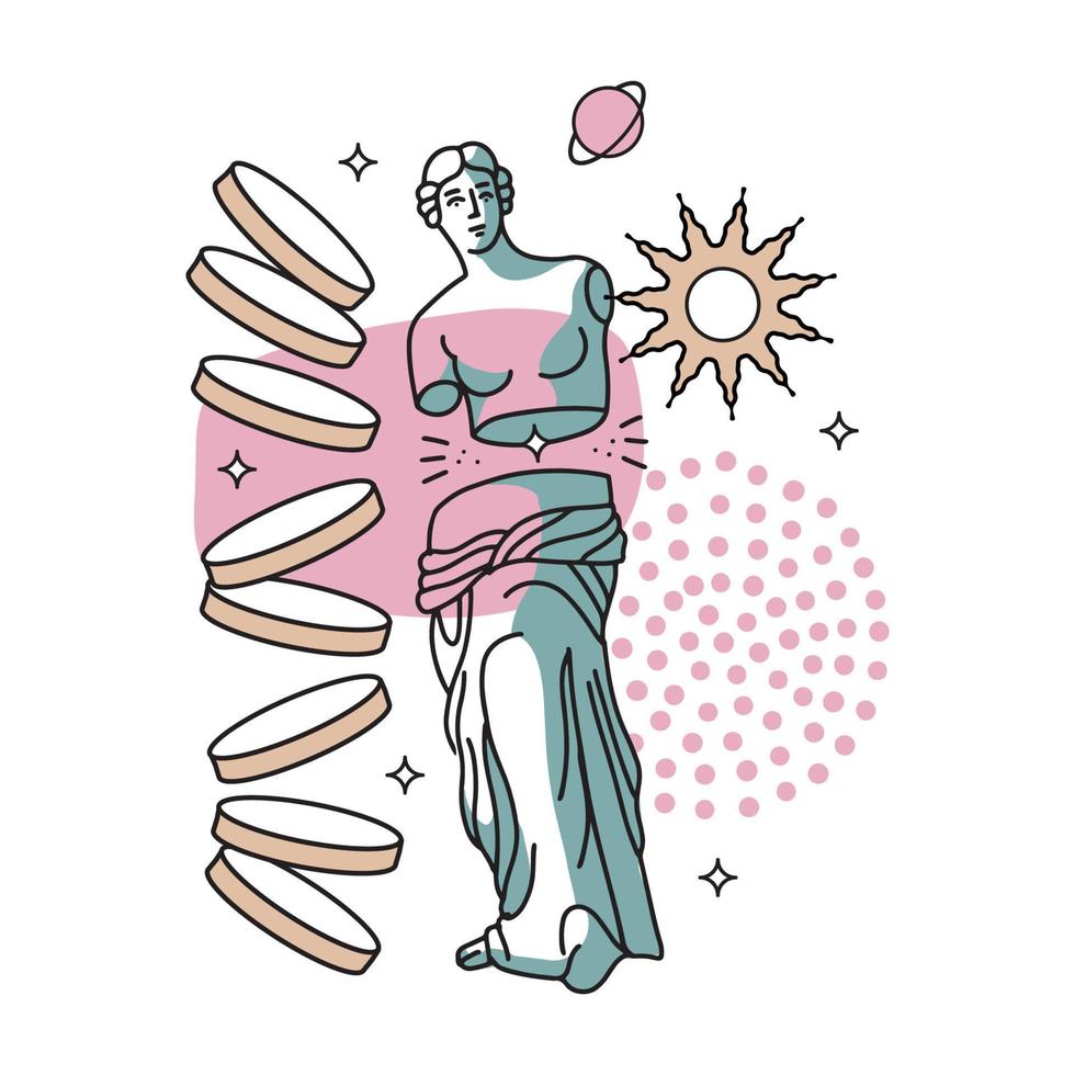 Isolated concept with Female Silhouette of Greek trippi sculpture. Surreal and antique statue with abstract shapes and cosmic elements. Linear vector illustration with spots Y2K style of the 1990s.