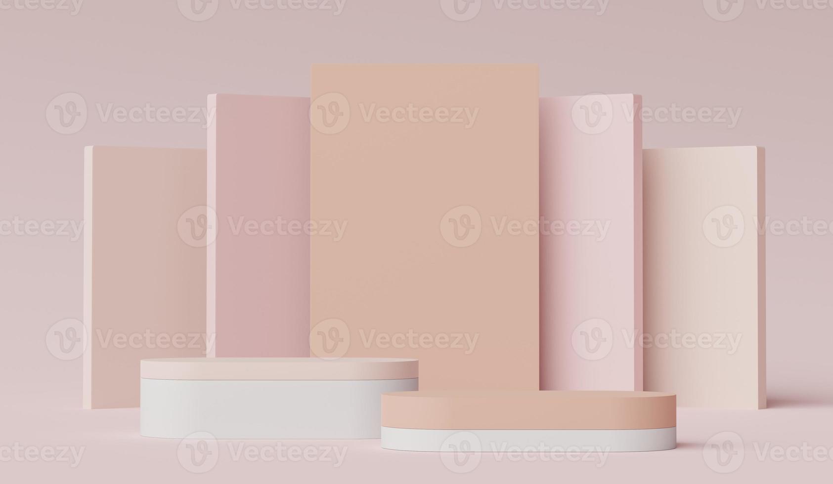 3d render of Abstract minimal  display podium for showing products, cosmetic presentation and mock up. Showcase scene with pastel earth tone background. Illuminated simple geometric shapes. photo