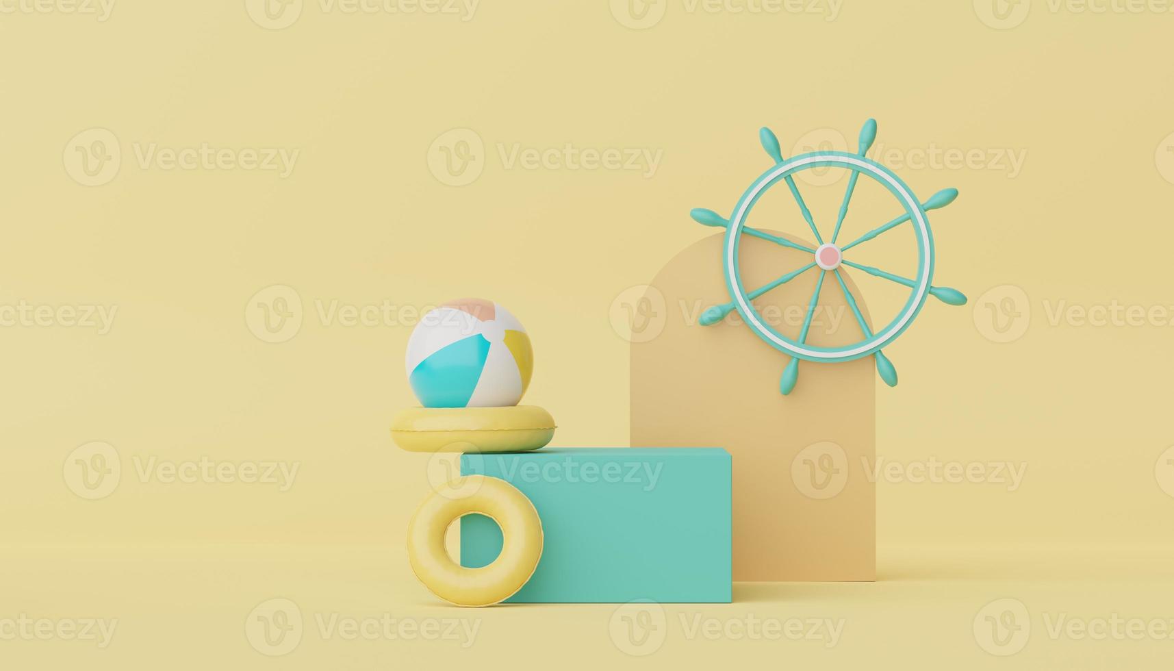 3d podium stand for product presentation with summer concept. Pedestal platform for cosmetic advertising. Minimal summer vacation. photo