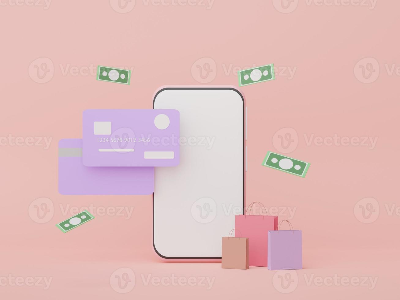 3d render Minimal mini mobile phone or smartphone with credit cards. Money concepts financial planning. Online shopping. Wealth management franchises. Cashless society scene. photo