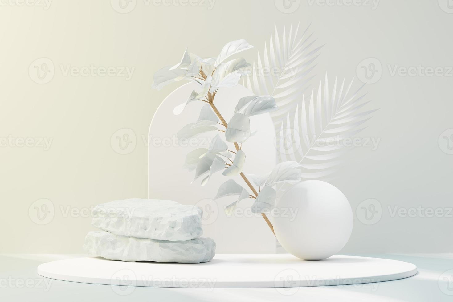 3d render of abstract pedestal podium display with Tropical leaves and Blue sky clouds pastel and plant scene. Product and promotion concept for advertising. Blue pastel natural background. photo