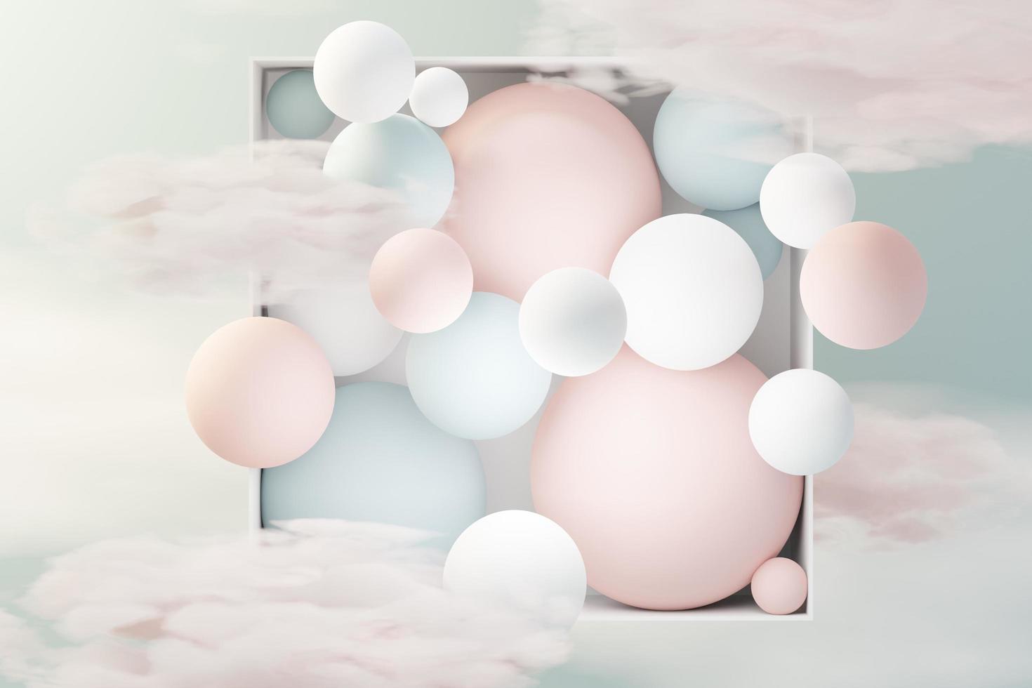 3d render of pastel ball, soaps bubbles, blobs that floating on the air with fluffy clouds and ocean. Romance land of dream scene. Natural abstract dreamy sky. photo