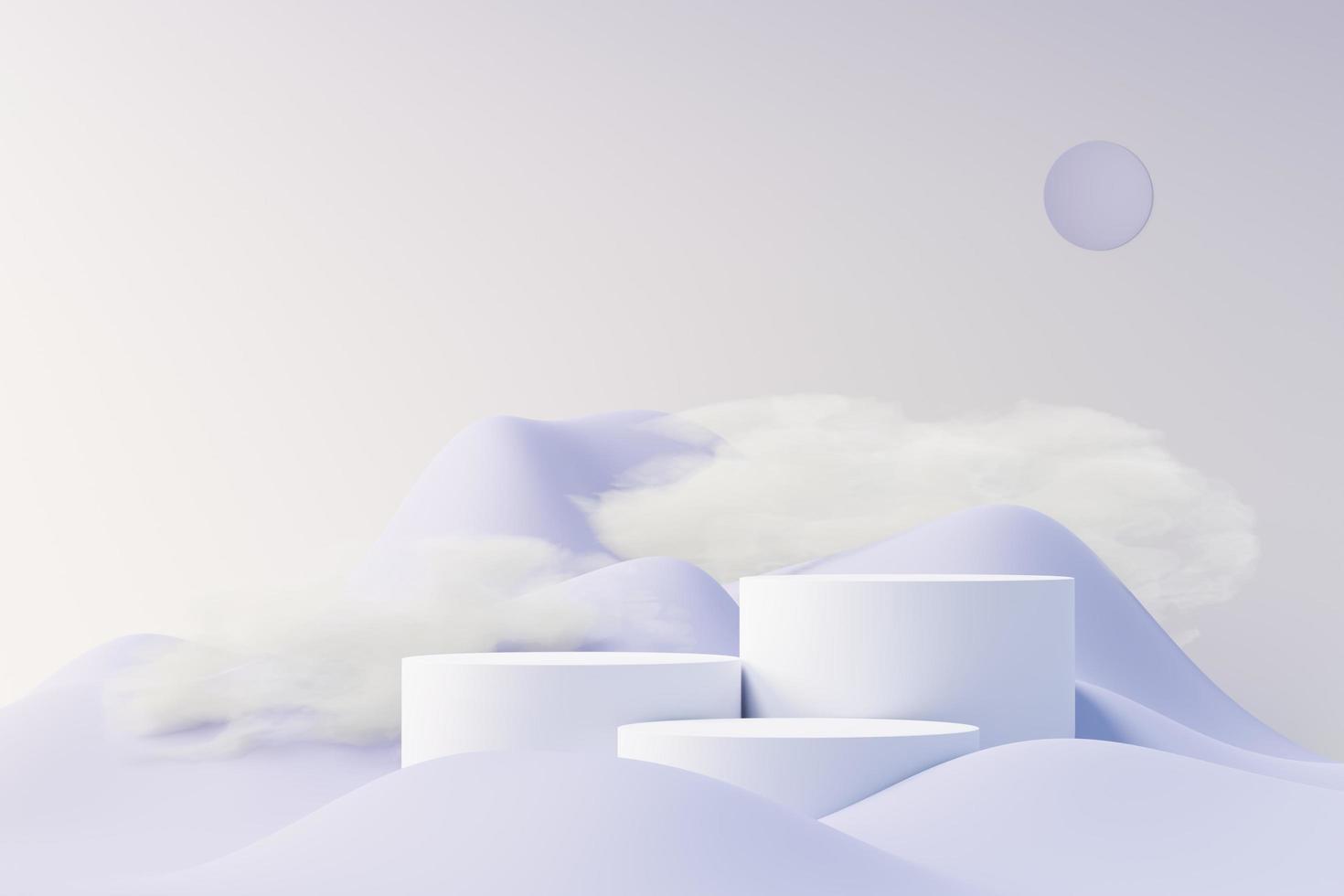 3d render of Beauty podium with Very Peri color of the year 2022 design for product presentation and advertising. Minimal pastel sky and Dreamy land scene. Romance concept. photo