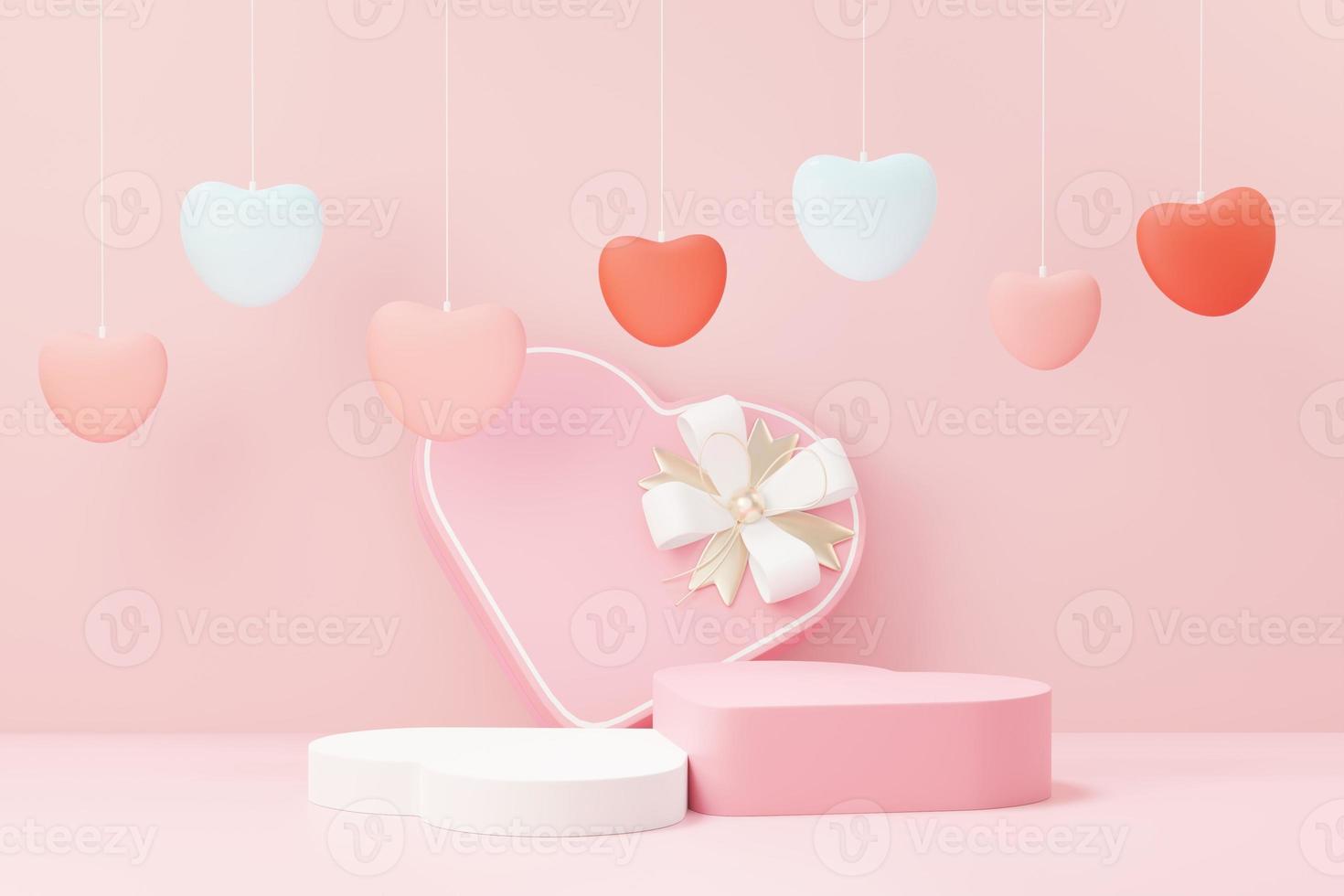 3d render minimal sweet scene with display podium for mock up and product brand presentation. Pink Pedestal stand for Valentine's Day's theme. Cute lovely heart background. Love day's design style. photo