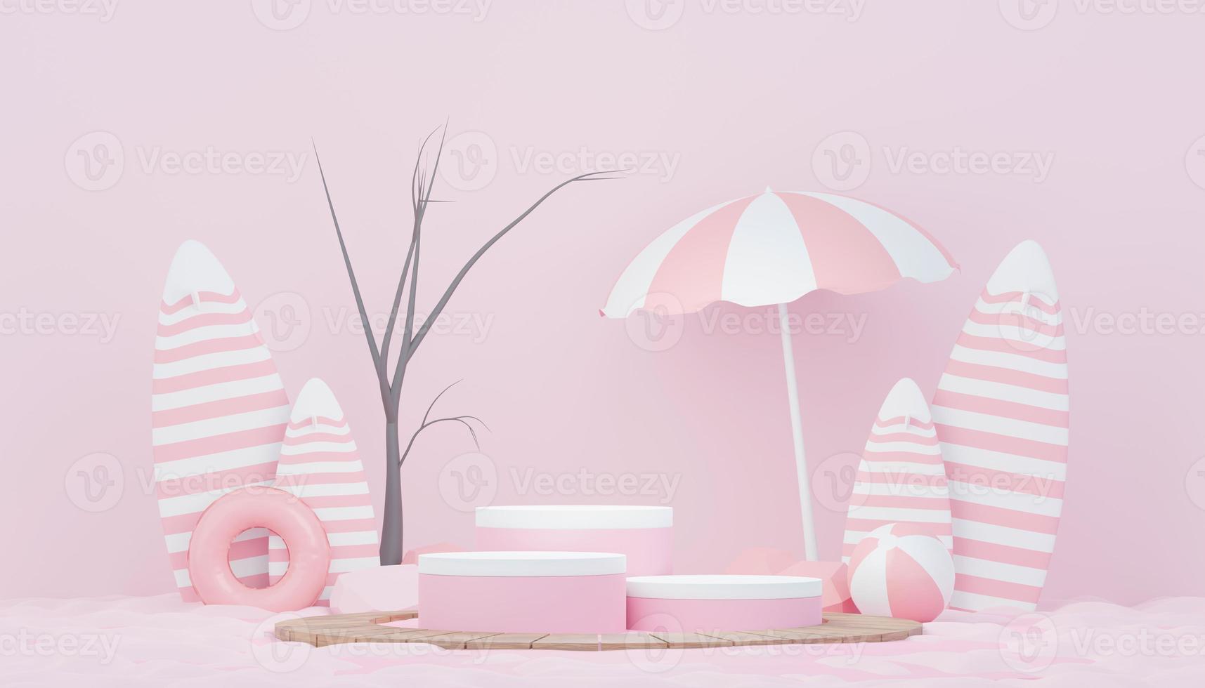 3d render minimal podium background for show and sales products. Hello Summer season scene design concept. Abstract Vacant pedestal for presentation and advertising. Beach Vacations in Summer. photo