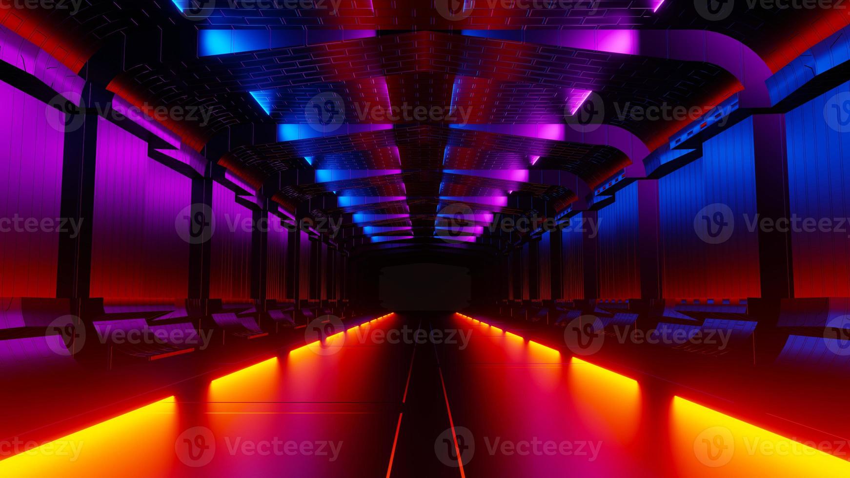 3d render of flash neon and light glowing on dark scene. Speed light moving lines. photo