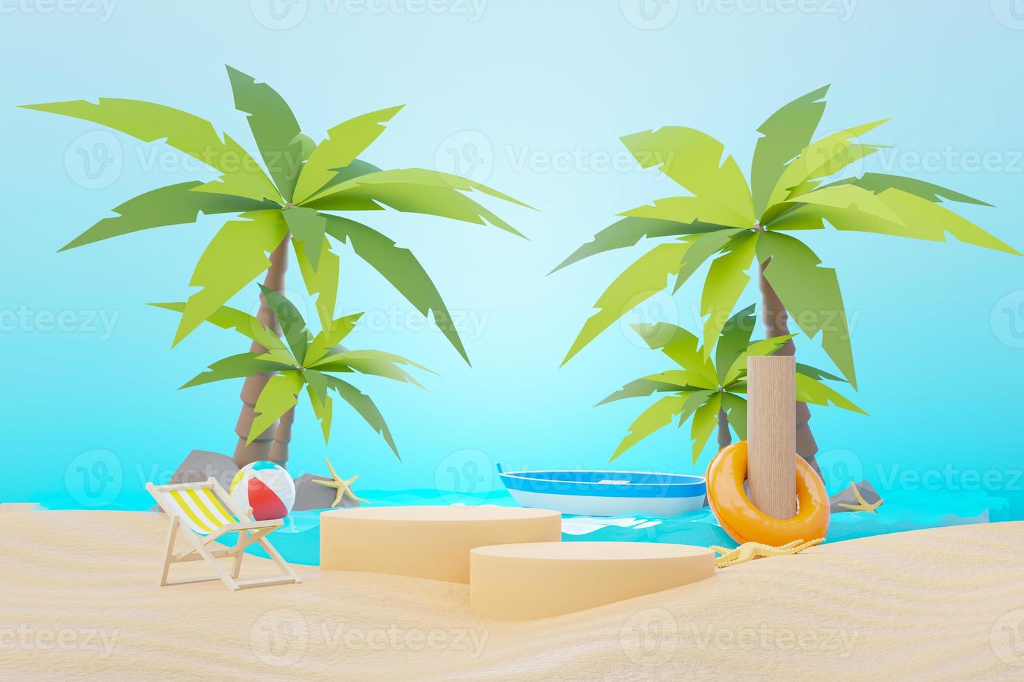 3d render Summer sale podium stand for showing product. Beach Vacations Scene in Summer for mock up. photo